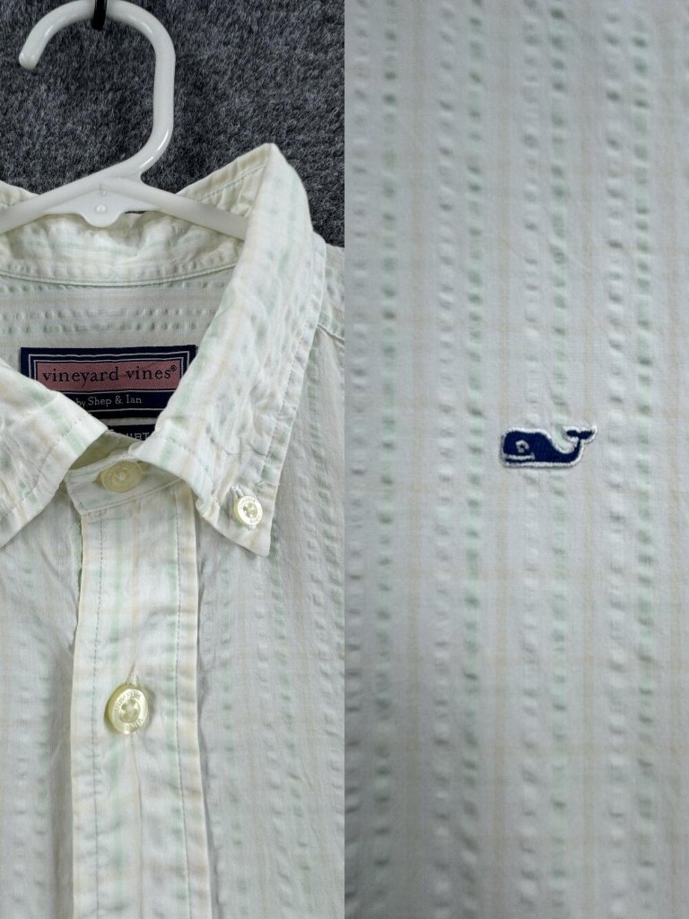 Vineyard Vines Seersucker Whale Green Yellow Striped Logo Men Button-Down Small